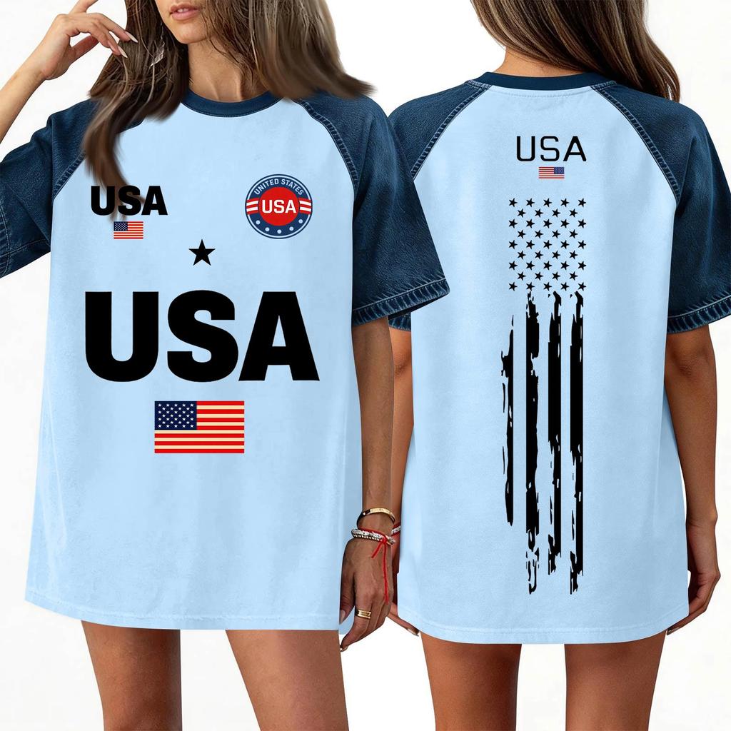 Women's Denim Patchwork Top, Casual Short-sleeved Comfortable T-shirt, Fashionable For Spring And Summer.