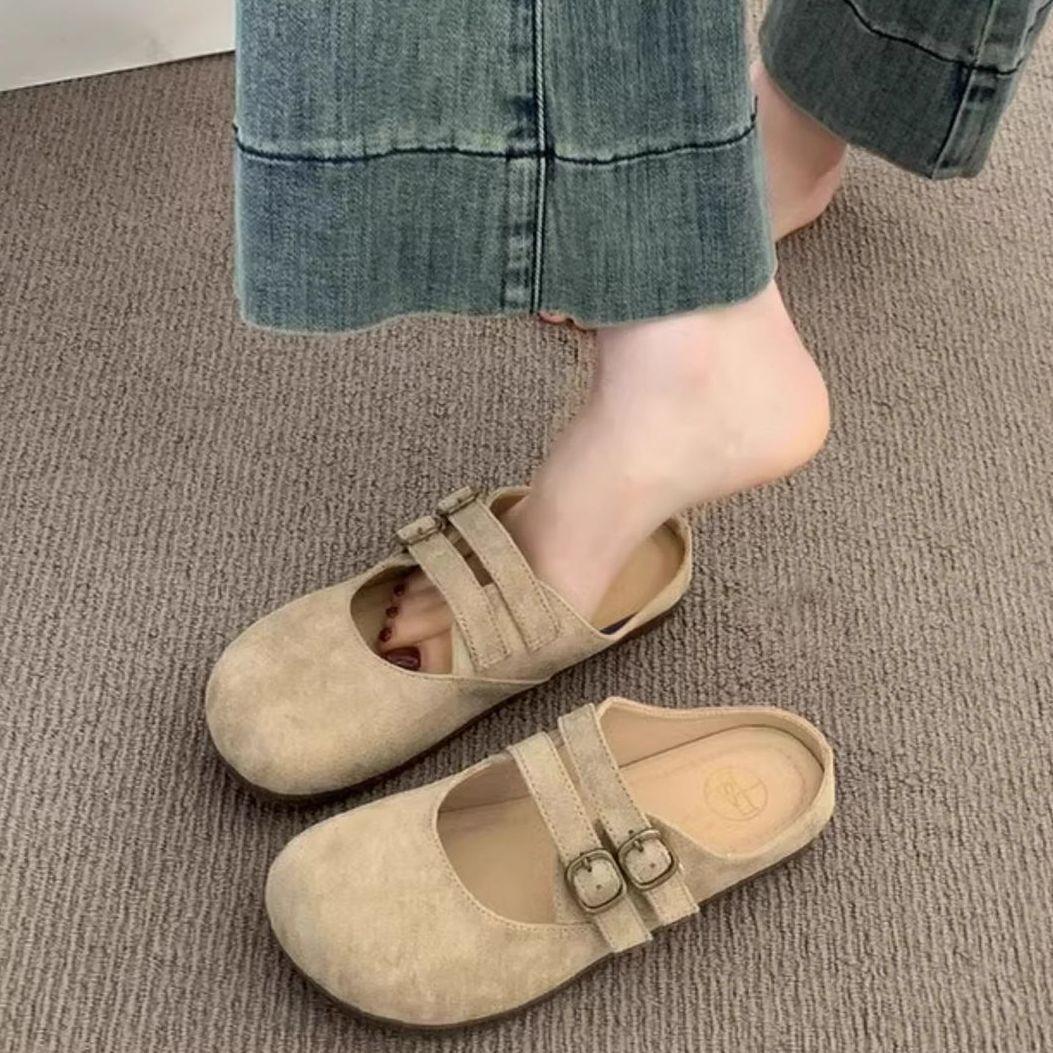 

Модные тапочки Crestar Retro для женщин, летние, для улицы, удобные, повседневные, слипоны с регулируемой пряжкой, замшевые мюли на плоской подошве, шлепанцы 36 абрикосовый