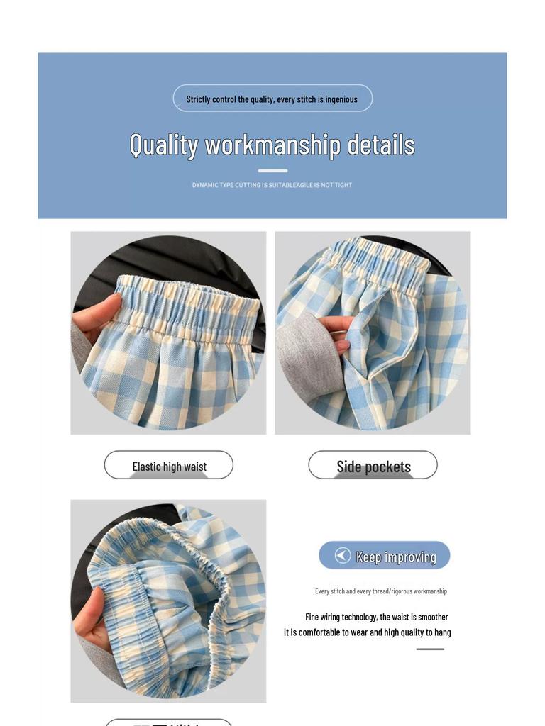 Petite Blue & White Checkered High Waist Summer Pants - Women's Casual Straight Leg Stroll Style