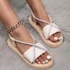 Women's Striped Suede Cross-Strap Flat Sandals with Faux Hemp Rope Sole.