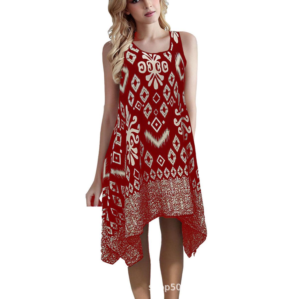 

Женская мода лето весна ромбический узор без рукавов U-образный вырез свободные повседневные платья XXL бордовый
