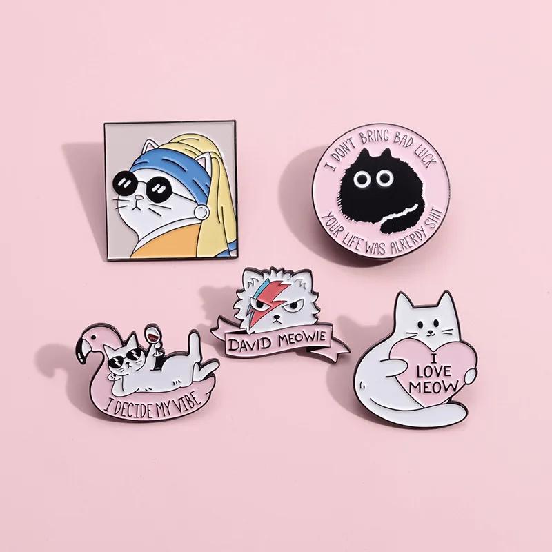 I Love Meow Enamel Pins Custom Oil Painting David Meowie Good Vibe Brooches Lapel Badges Cartoon Animal Fun Jewelry Gift Friends