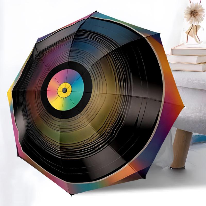 1pc Vinyl Record Automatic Folding Umbrella - Windproof Compact Travel Umbrella with Auto Open/Close, 8-Rib Heavy-Duty Shaft for Women/Men A054