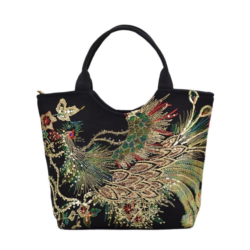 Women Bag Handmade Shiny Peacock Embroidered Bohemia Handbag Retro Large Capacity Canvas Tote Shopping Messenger Purse