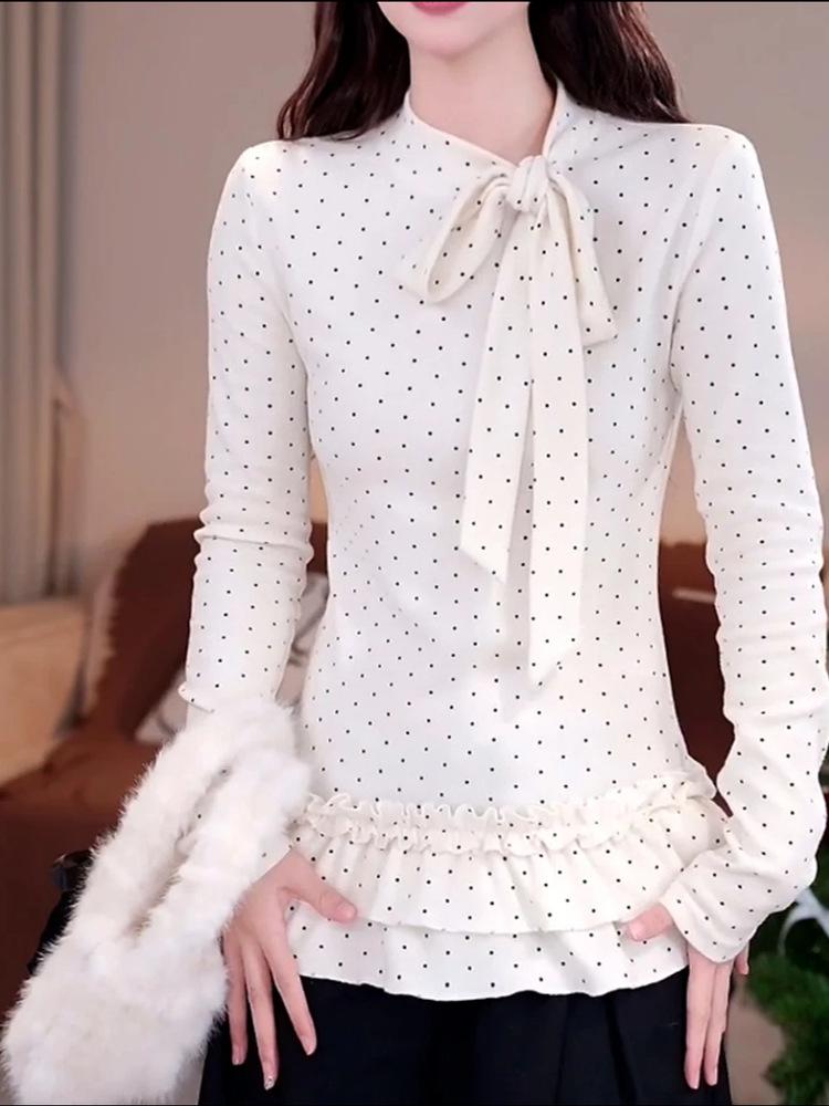 Women's French Polka Dot Bow Tie Long Sleeve T-shirt - Lace Slim Fit Base Layer for Autumn/Winter