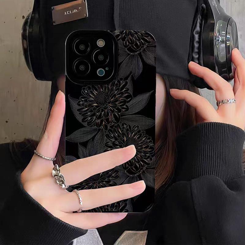 Luxury Dark Flower Silicone Leather Case For iPhone 13 14 Plus 12 11 16 15 Pro Max Mini X XS XR 7 8 SE Shockproof Full Cover