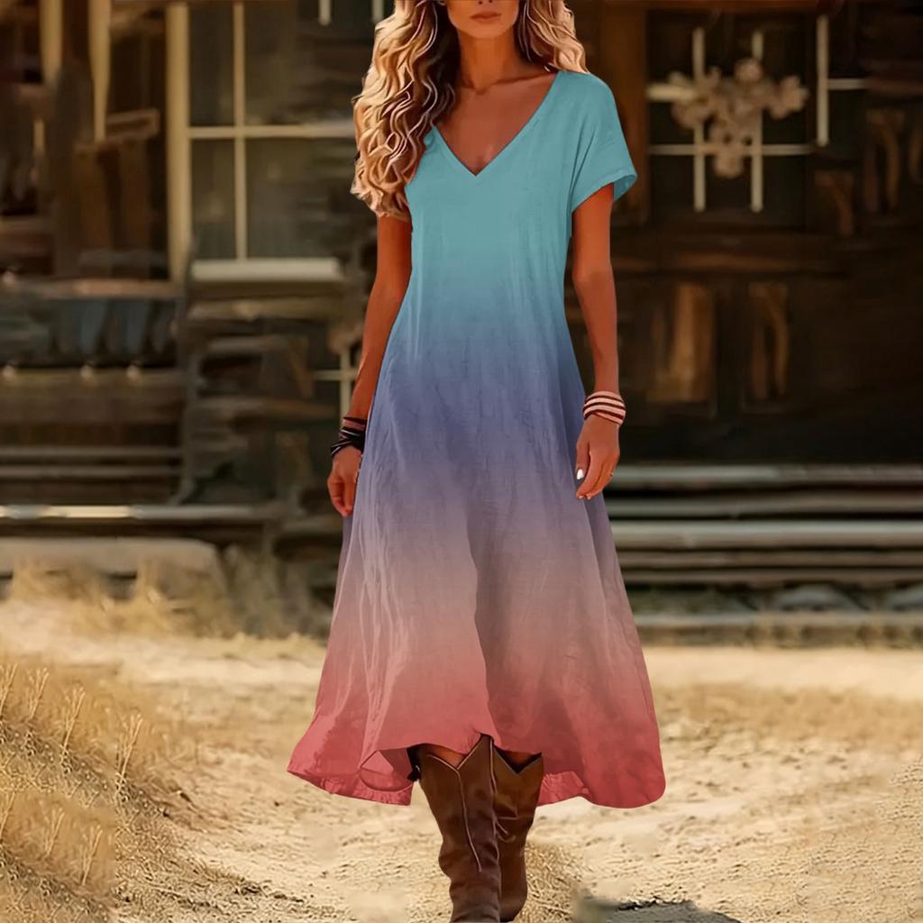 Modisches Damen Sommer V-Ausschnitt Kurzarm Farbverlauf Bedrucktes Strandkleid