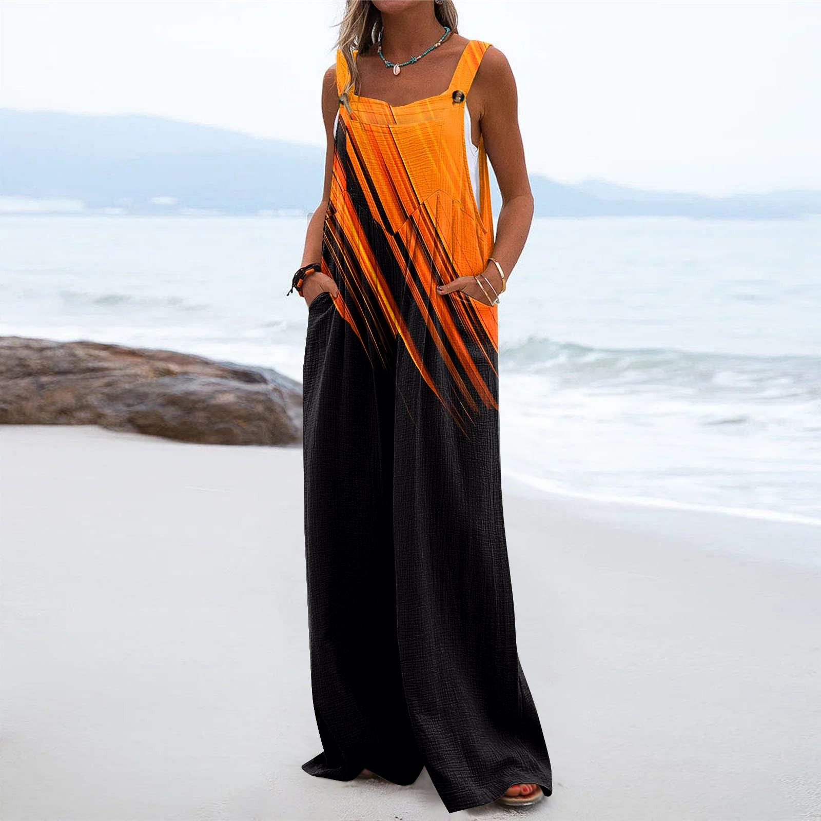 

Женский комбинезон с широкими штанинами, повседневный свободный комбинезон без рукавов, длинные брюки с длинными брюками и карманами на пуговицах с обычным принтом XL оранжевый