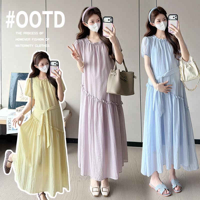 Korean Style Summer Maternity Chiffon Dress with Belt XL