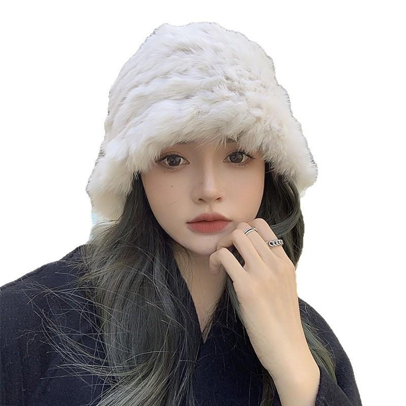 Real rabbit fur white plush hat female autumn and winter warm face small ear protection wool hat fur knitted bucket hat