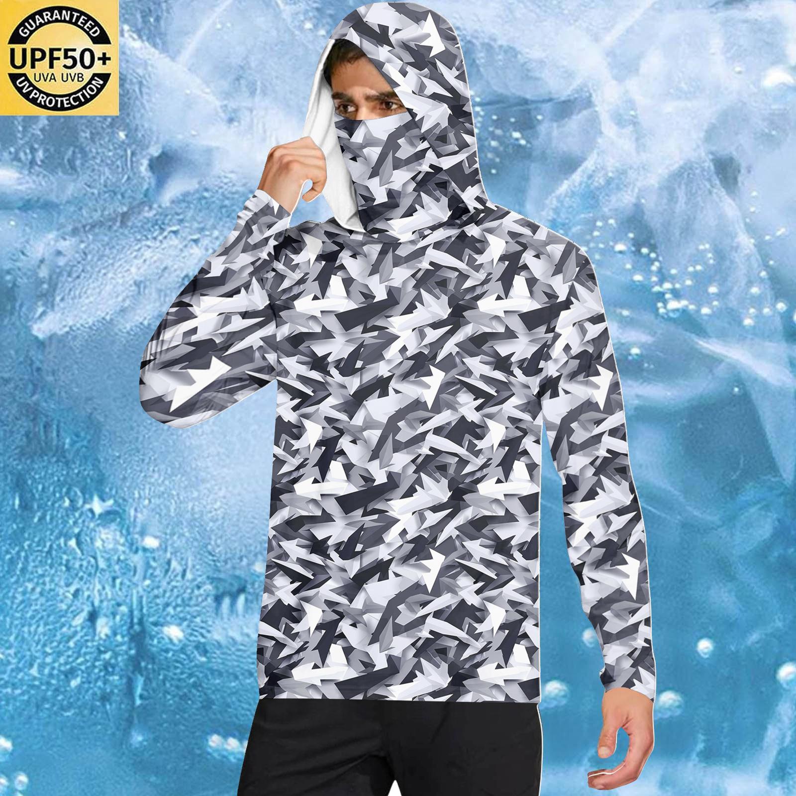 

Men’s Long Sleeve Pullover Hoodie with Built-In Face Covering Lightweight Breathable Geometric Print Hooded Top for Outdoor Activities L чёрный