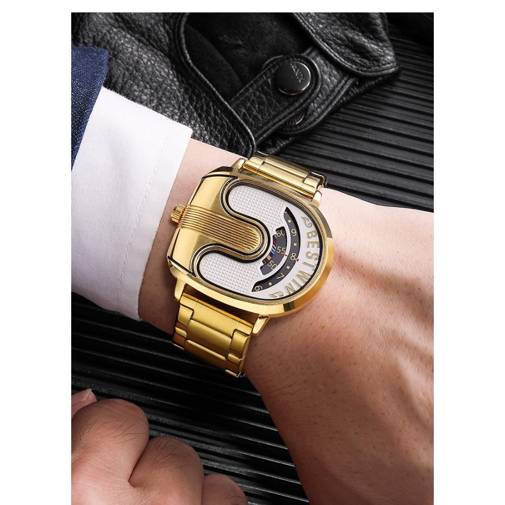 Fashion Men Irregular Tonneau Shape Quartz Watch Creative Rotating Dial Stainless Steel Bracelet Wristwatch
