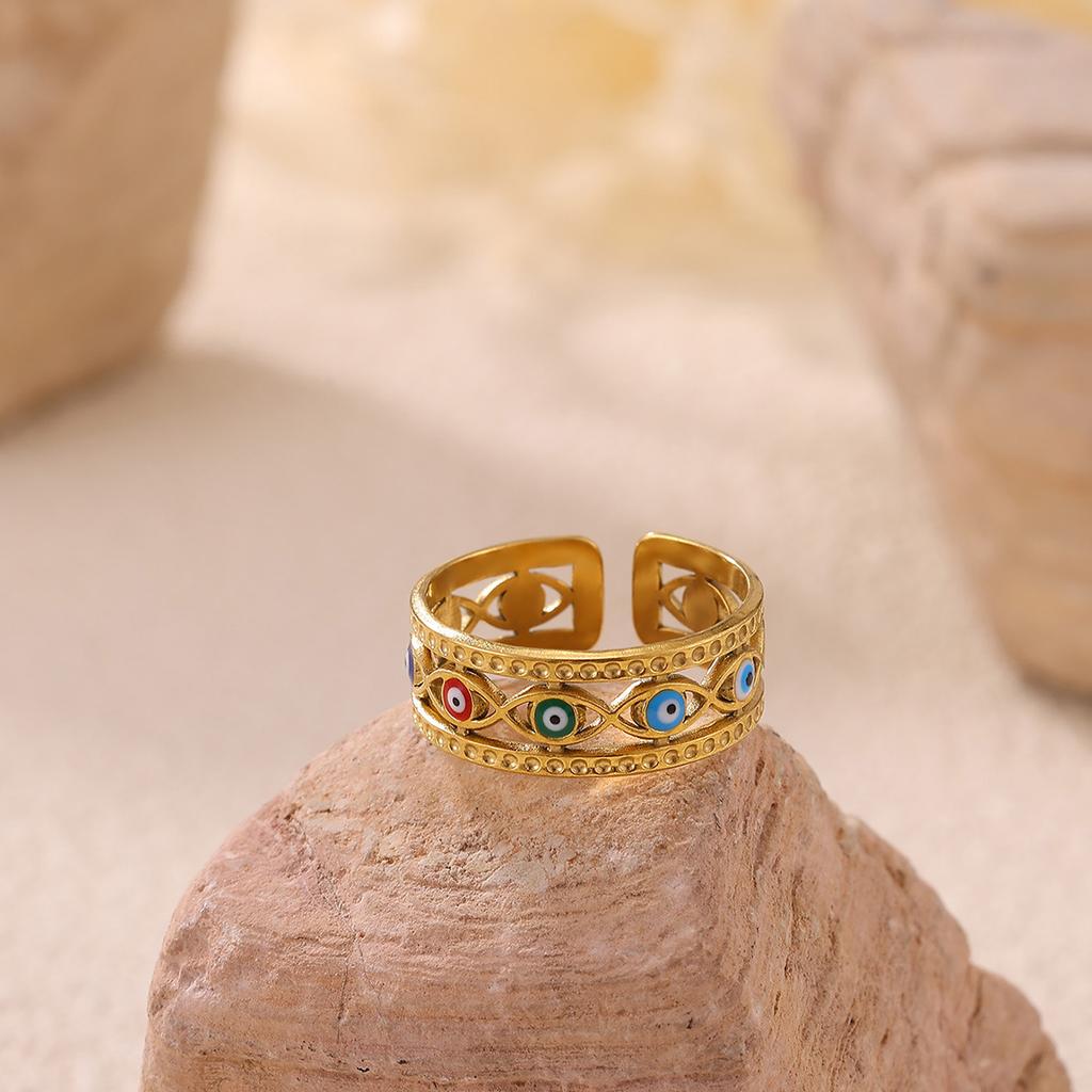 Colorful Enamel Evil Eye Open Ring Stainless Steel 18K Gold Plated Adjustable Vintage Ring