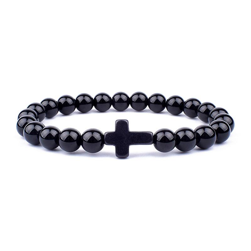 8MM Bright Black Stone  Turquoise Cross Elastic Beaded Bracelet for Women