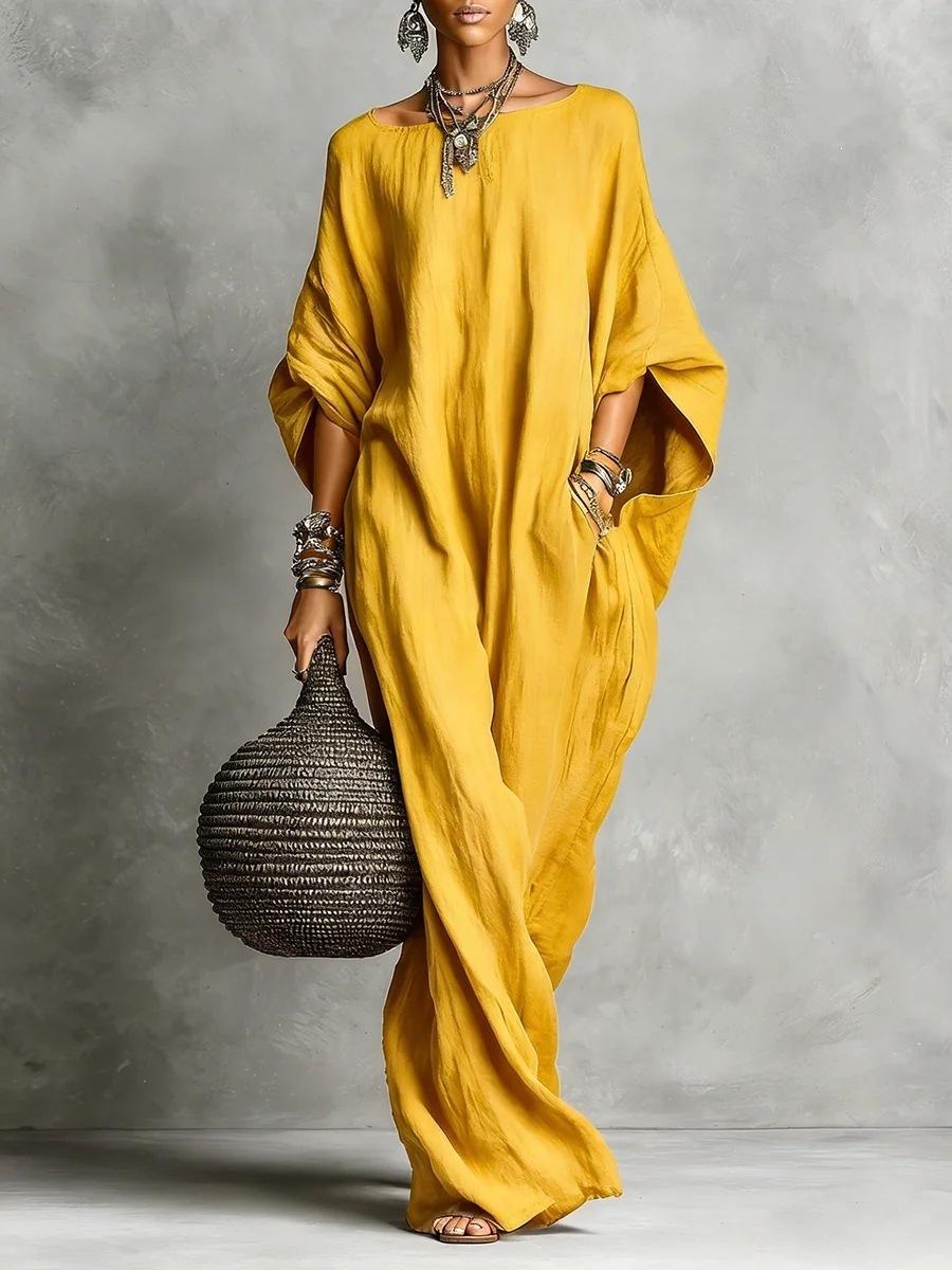 Women European Retro Solid Color Off Shoulder Long Sleeve Casual Maxi Dress S