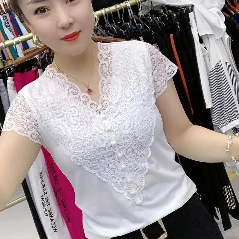 Women's Summer Short Sleeve Elegant V-Neck Lace Patchwork Clothing Design Pearl Button T-shirt