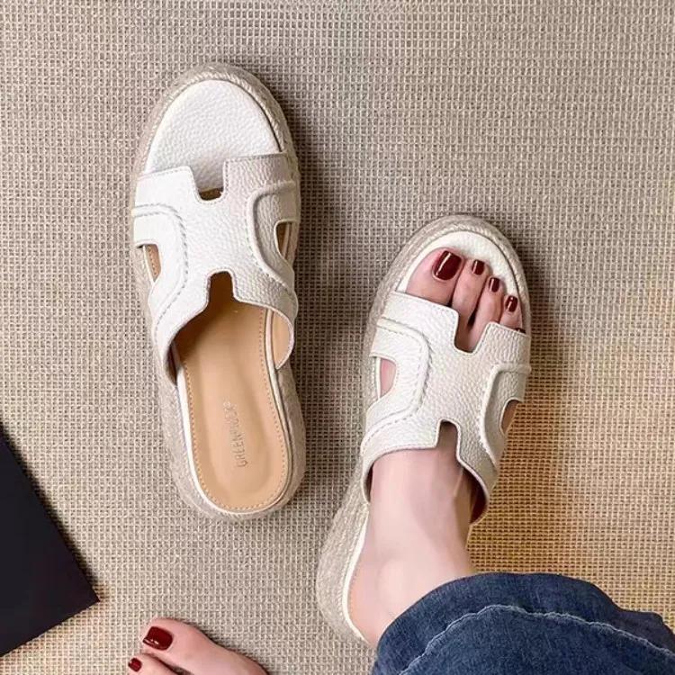 Spring Summer Women's Slippers Hollow Out Strap Waterproof Thick Heel Woven Rope Country Style Slip-On Shoes