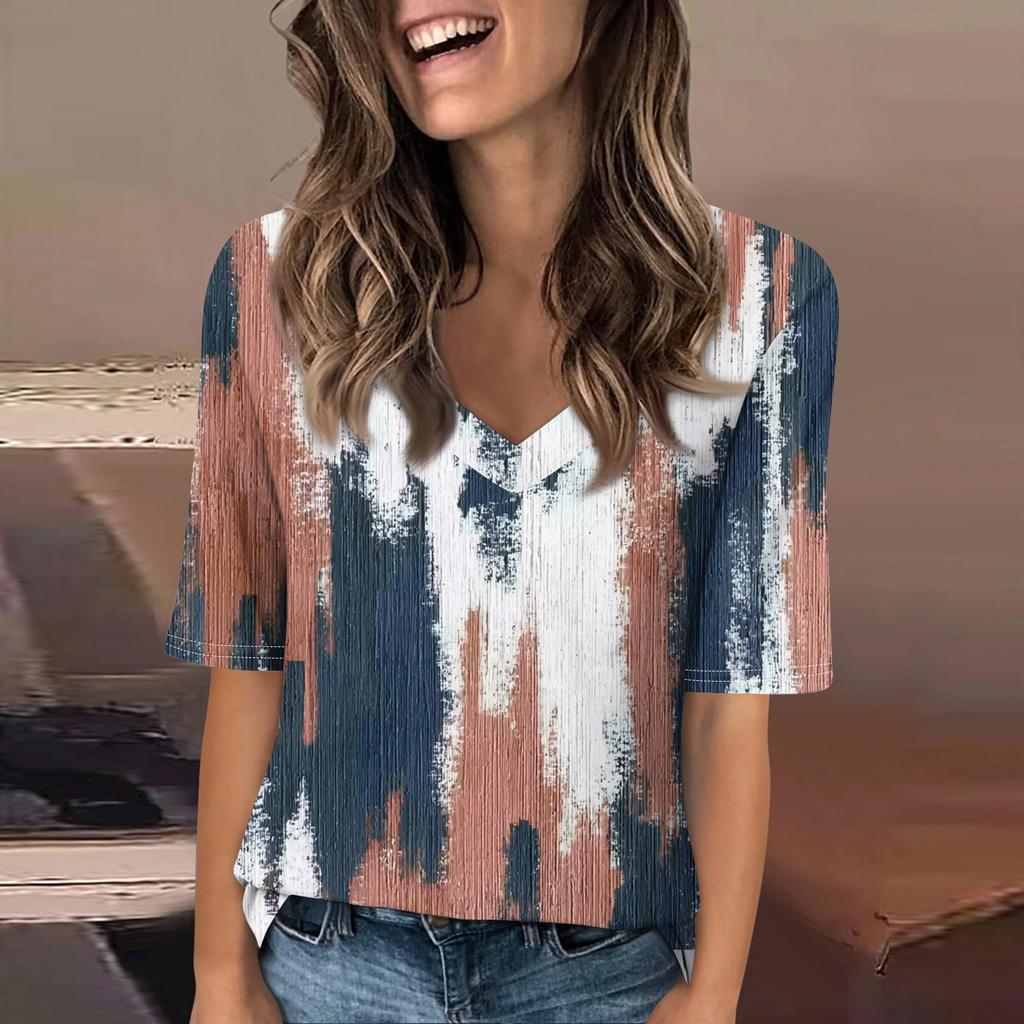 Women's Fashionable Casual Short-sleeved Five-quarter Sleeve Floral Print V-neck Top