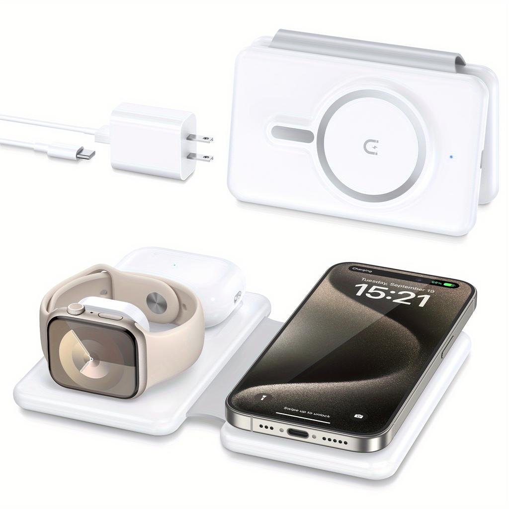 Cell Phone Wireless Charger - 3-in-1 Travel Charging Station for Multiple Devices, Portable Foldable Magnetic Charging Pad