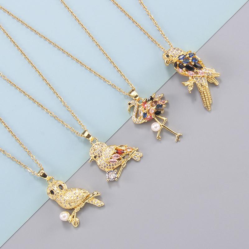 Light Luxury Zircon Owl Kingfisher Pendant Necklace Stainless Steel New Design Bird Choker Jewelry Party Gifts For Women Girls