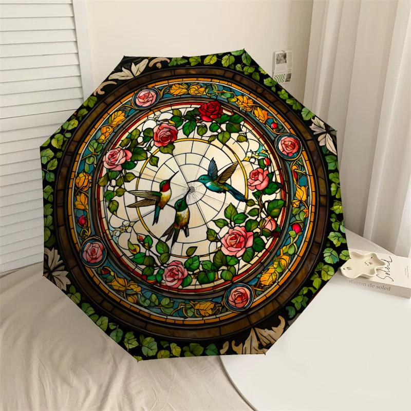 

1pc stained glass hummingbirds Automatic Open/Close Umbrella with Windproof, 8-Rib Sturdy Canopy, Durable Ribs, Fashionable Design1258A