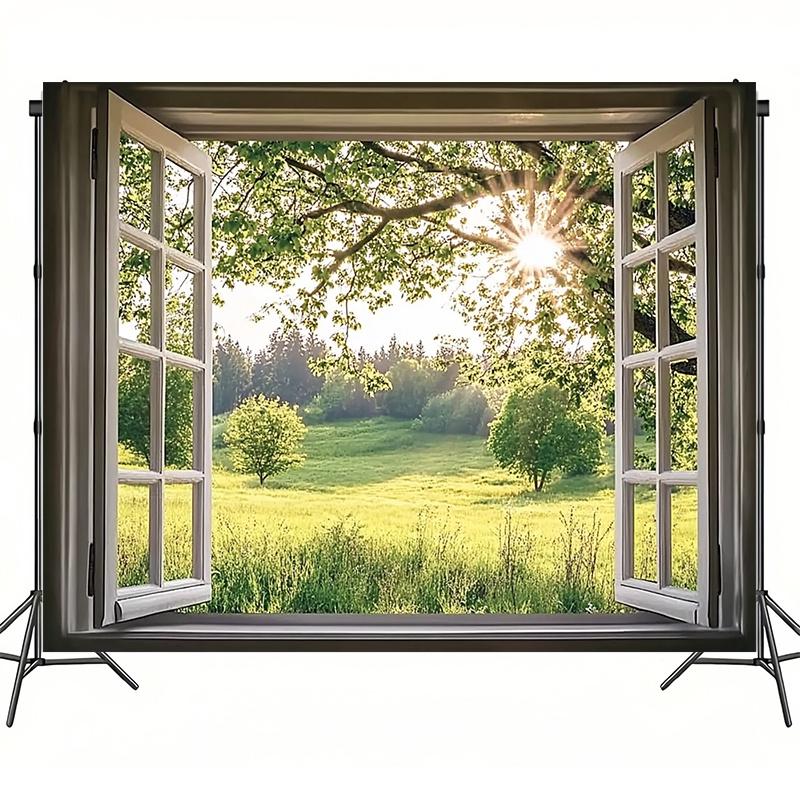 Smaragdgrüne Waldlandschaft Französisches Fenster Fotografie Hintergrund Frühling Feiertagsparty Banner Innen-/Außenraumdekoration