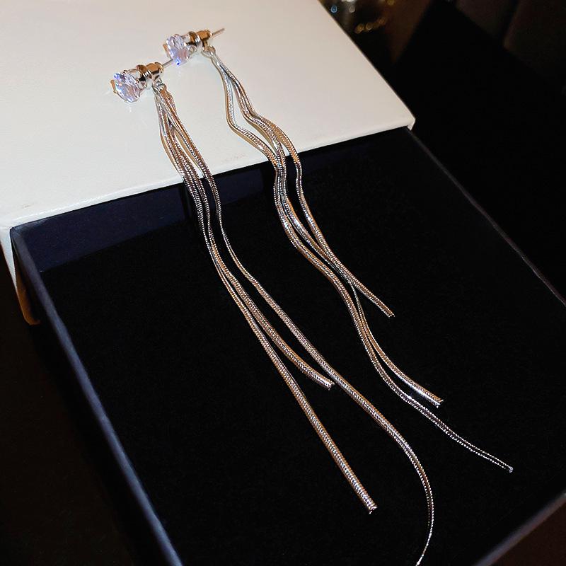 S925 Silver Teardrop Diamond Tassel Dangle Earrings - Korean Fashion, Celebrity Style for Women