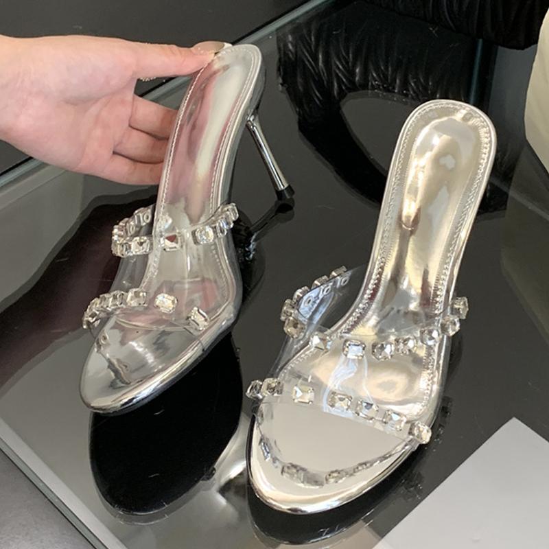 PVC Transparent Women Slippers Sandals Fashion Round Open Toe Diamond Rivets Designer High Heels Mules Slides Shoes Silver