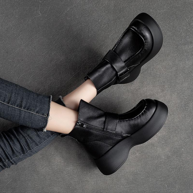 Johnature Versatile Retro Short Boots Thick Sole Genuine Leather Boots Comfortable Women's Shoes