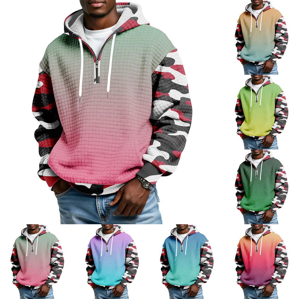 Pánská kostkovaná mikina přes hlavu s kapucí na poloviční zip se stahovací šňůrkou a potiskem, ležérní sportovní mikina