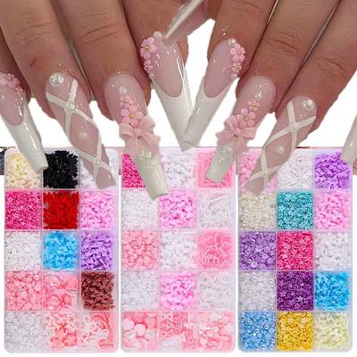15Grids/Set Mixed Bowknot Pearl Charms Nail Art Decorations 3D Kawaii Colorful Bow Flower Rhinestone DIY Manicure Parts Accessor