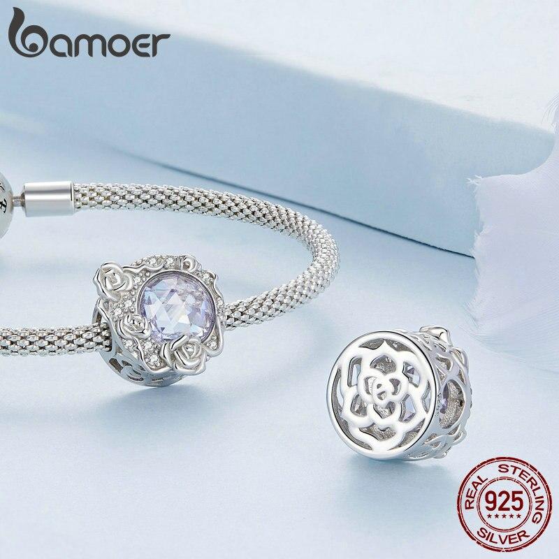 BAMOER 925 Sterling Silver Purple Stone Rose Vine Bead Hollow Rose Pattern Charms for Women Original Bracelet Bangle