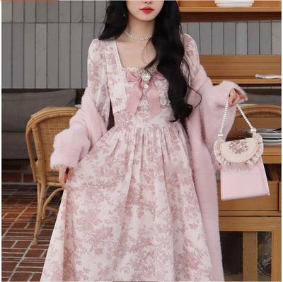 Różowa Kawaii Francja Vintage Sukienka Kobiety Kwiatowy Nadruk Eleganckie Wieczorne Imprezowe Sukienki Midi Koronkowe Rękawy Bufiaste Retro Słodka Sukienka 2023