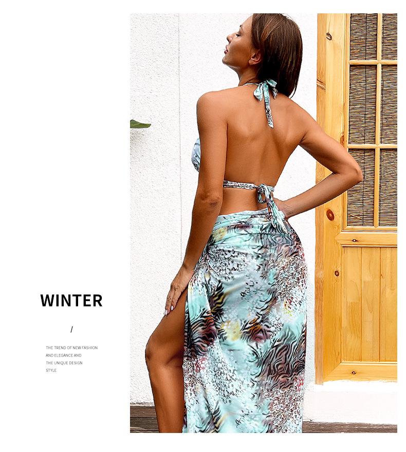 2024 Hot Girl Print Three-Piece Bikini Set with Yarn Skirt - Sexy Backless Design