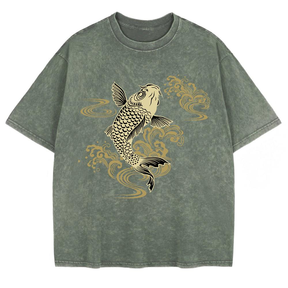 Paper Cut Koi Good Luck Prints Washed T-Shirts Mens Cotton Short Sleeve Tops Basic O-Neck Oversized T Shirt Clothes