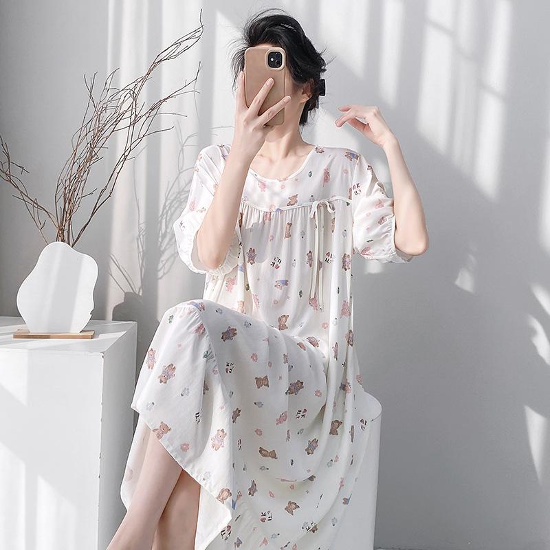New cotton silk nightdress short-sleeved loose spring and summer loungewear casual loose dress lazy style woman