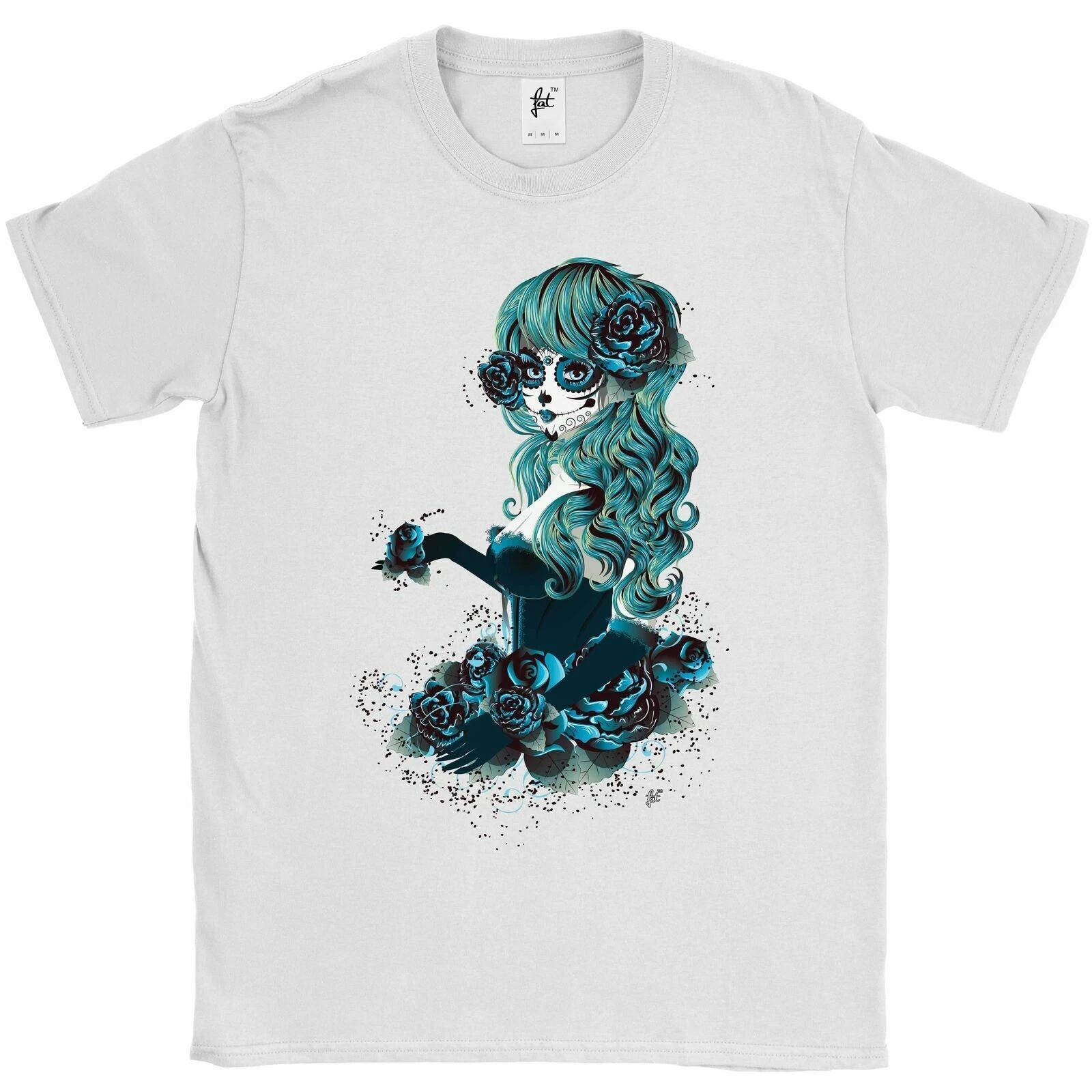 Day Of The Dead Sugar Skull Woman With Long Hair Mens T-Shirt XXL