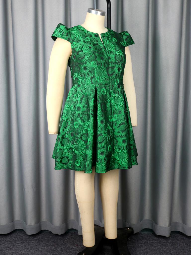 Plus Size Floral Jacquard  A Line Dresses for Women with Short Cap Sleeves Ideal for Parties Brunches and Special Day Events