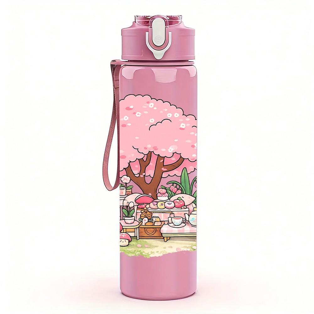 1PC Cherry Blossom Tree Girl Scene Print 750ml Color Plastic Sports Water Bottle Leakproof Flip Straw Lid Suitable for Sports Office Home Use