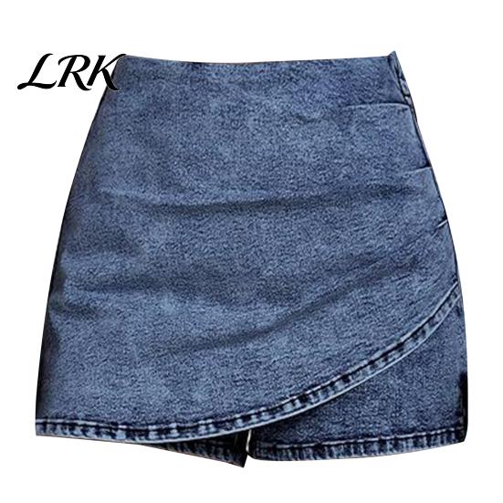 Comfortable Summer Shorts Denim Skorts for Women, High Waisted Faux Wrap Short Skirt, Breathable Asymmetrical Hem Stretchy Jean Casual Bodycon S