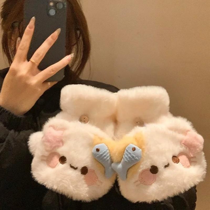 Lovely Cat Cartoon Flip Plush Gloves Warm Cold Student Gloves Women Winter Outdoor Soft Thickened Half Finger Touchscreen Gloves