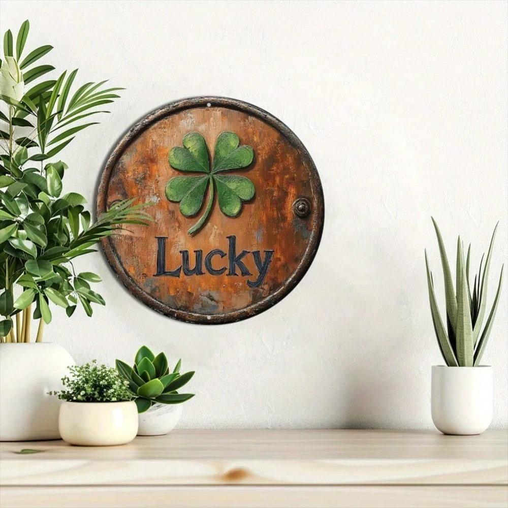 Retro Lucky Four Leaf Clover Round Metal Sign 8x8 Inch Wall Art for Indoor Outdoor Home Kitchen Living Room Decor