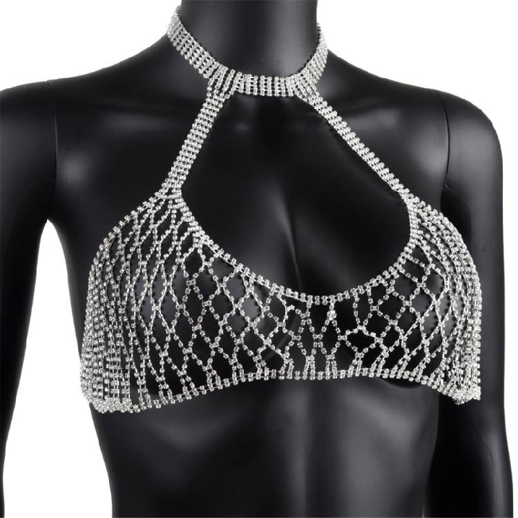 Eye Catching Mesh Body Chain With Glitters Rhinestones Backless Sleeveless Clubwear Suitable For Travel And Photo Props