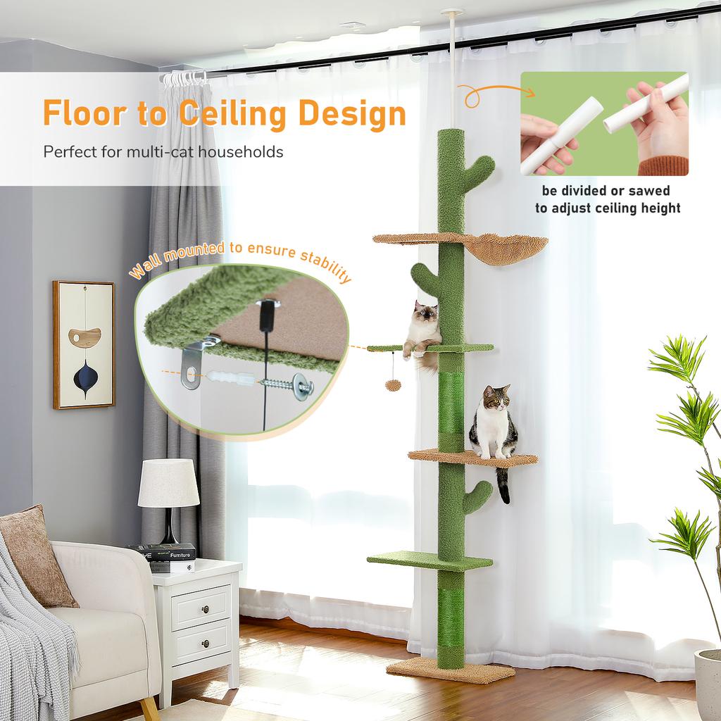 Adjustable Height Cat Tree for Indoor, Floor To Ceiling Cat Tower with Scratching Posts, Cat Condo, Hammock and Dangling Balls