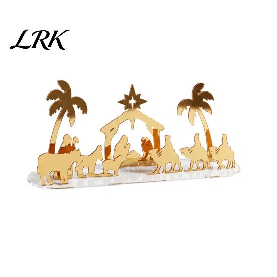 Decorative Table Accents Christmas Acrylic Ornament, Mirrored Golden Silhouette Scene, Gold Mirror Holiday Sign Desktop Display for Living Room