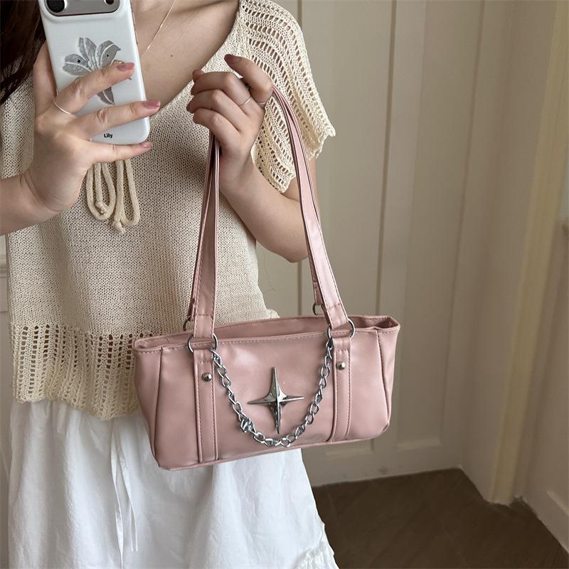 Large Capacity Simple Solid Color Chain Decor Cross Style Single Shoulder Baguette Underarm Handbag