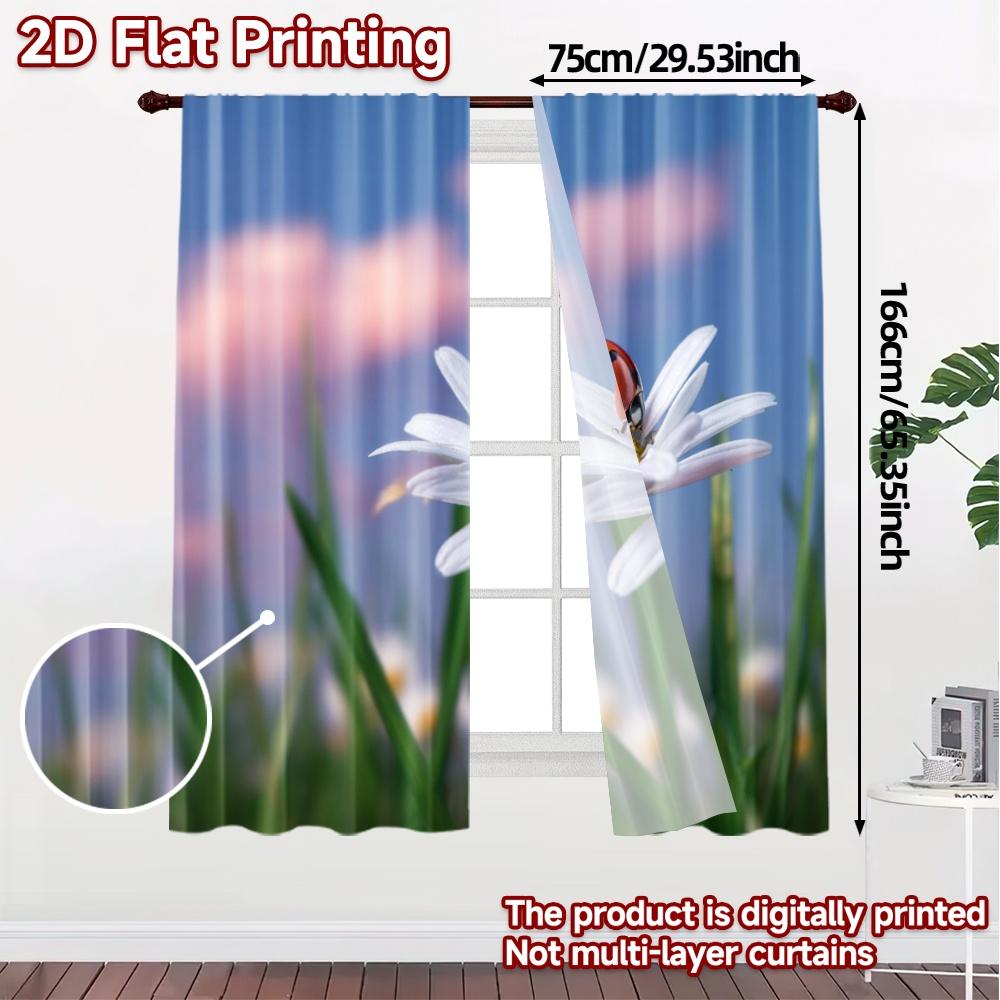 2pcs, 2D FLAT PRINTING Curtains (Without Rod) Daisy Visitors Pattern Chic Curtains Versatile Durable Polyester Curtains Art Deco