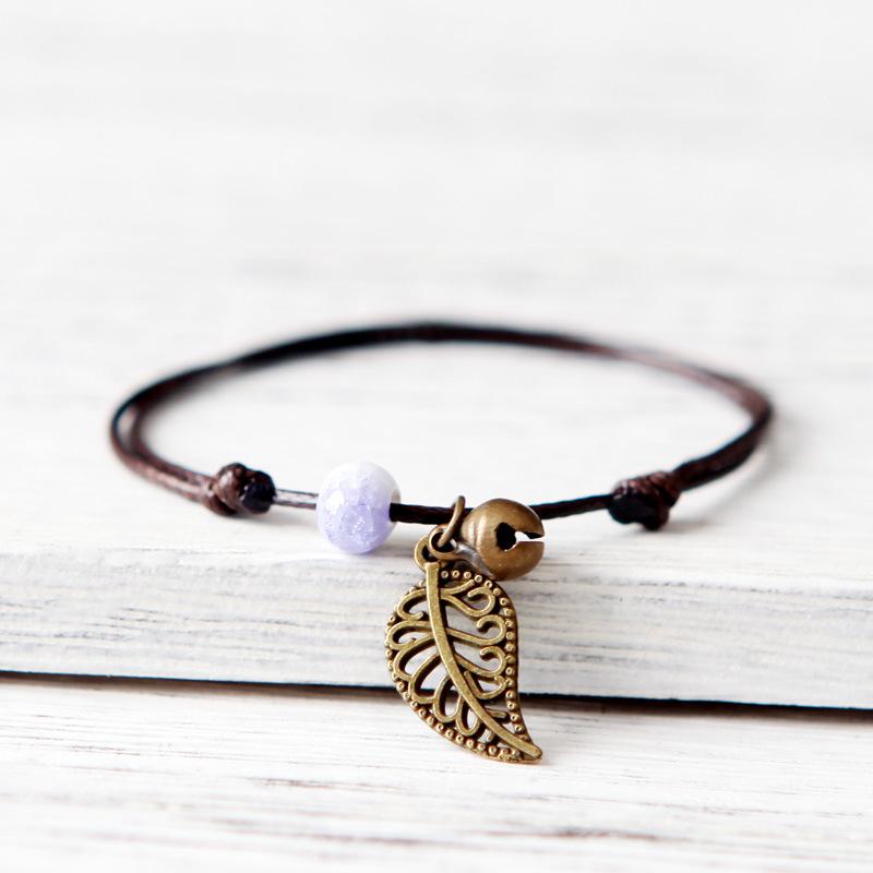 Ethnic Style Anklet For Women Vintage Bronze Leaf & Bell With Colorful Ceramic Bead Pendant On Leather Rope