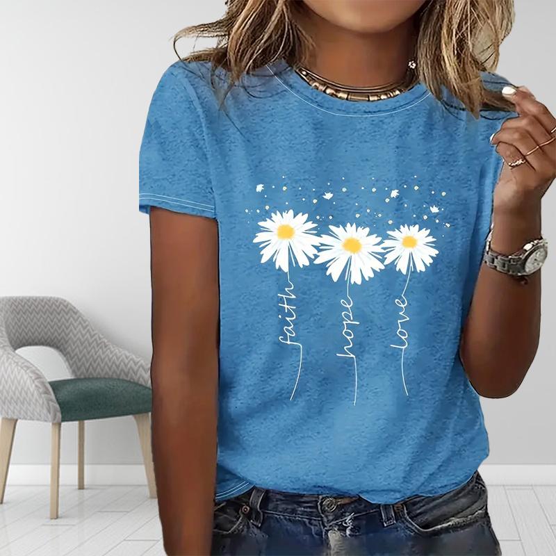 Women Summer T Shirt  Print Cute White Flowers  Short Sleeve Tees Casual   Printed  Tops
