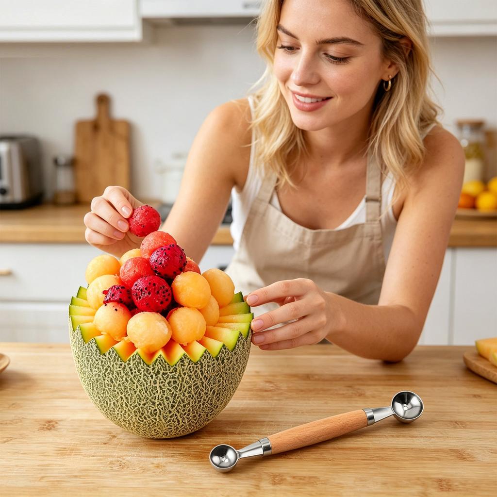 Doppelseitiger Obstlöffel und Melonenlöffel aus Edelstahl mit Holzgriff Küchenwerkzeug zum Ausstechen und Teilen von Früchten